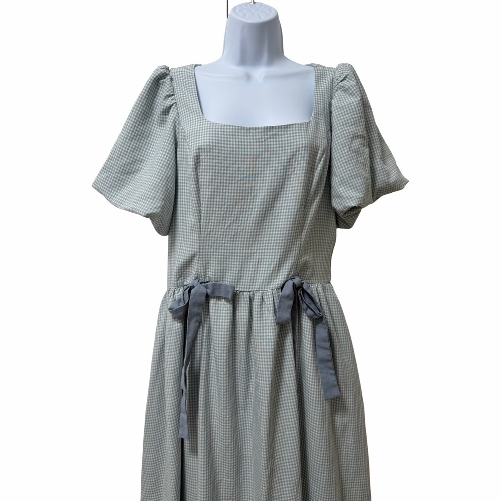 Bohme Elyse Gingham Milkmaid Drop Waist Bow Maxi Dress Size M Cottagecore Modest - Picture 2 of 11